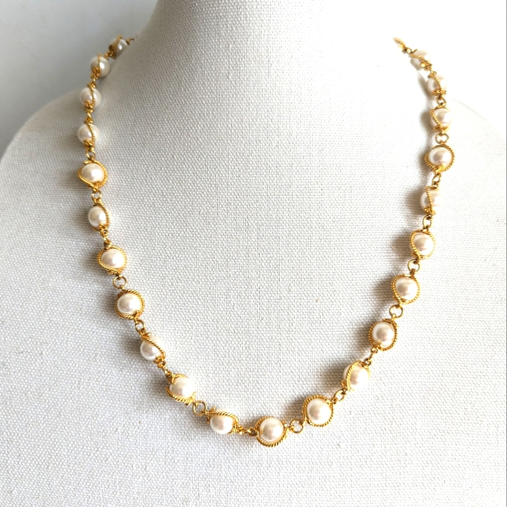 NAPIER Vintage Faux Pearl Gold Plated Chain Necklace 24" Women's